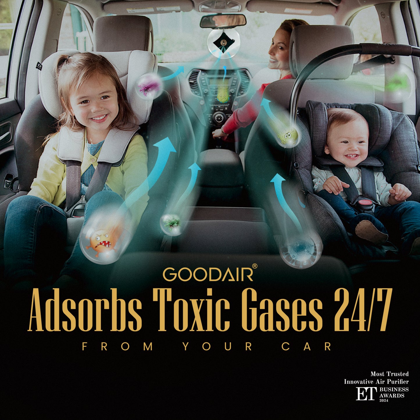 GOODAIR 2.0 Premium Non-electric Car Air Purifier | Super Black | Tested & Certified to Absorb Toxic Gases | Advanced Impregnated Activated Carbon | 24/7 Air Purification