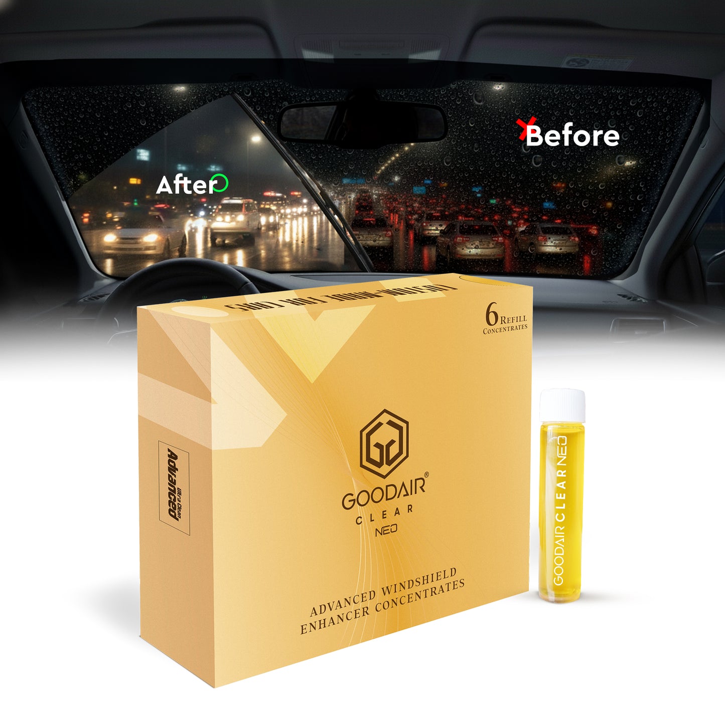 GOODAIR Clear Neo | Advanced Windshield Enhancer Concentrates for Cars | 6 Refills | No harmful Chemicals & Chlorine Bleach | Minimal Foam