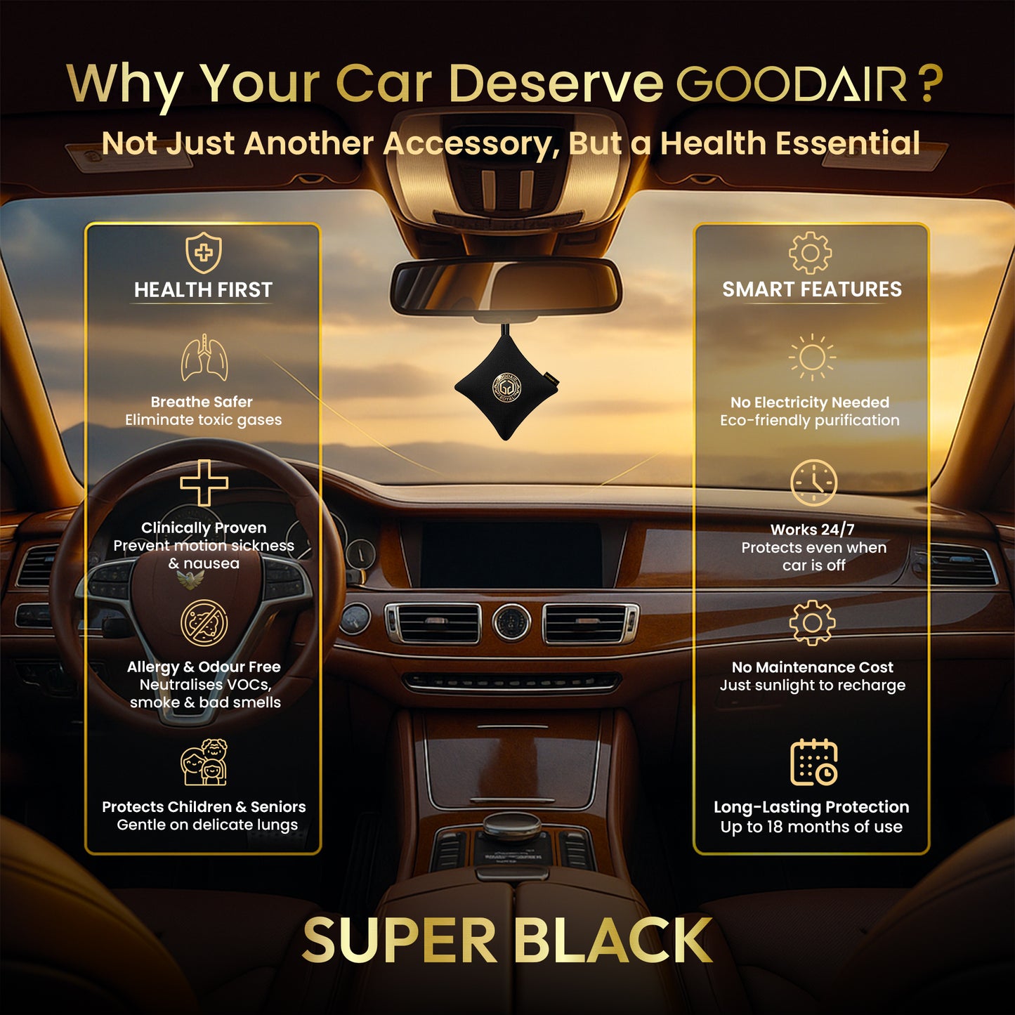 GOODAIR 2.0 Premium Non-electric Car Air Purifier | Super Black